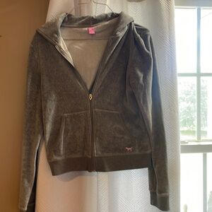 Grey, hooded, velour, size medium, Victoria secret, zip up sweat jacket.